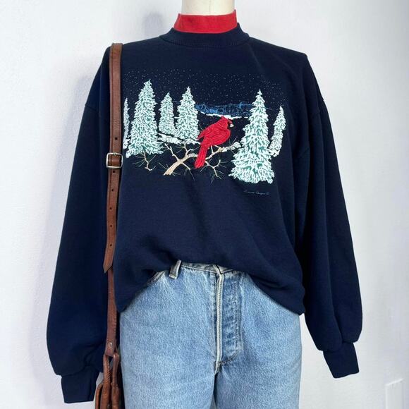 VINT 90s Winter Cardinal Bird Snowy Trees Crewneck Turtleneck Sweatshirt Large - Picture 1 of 6